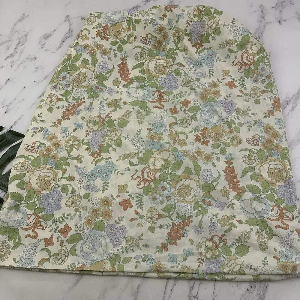 Martex Vintage 80s Queen Size Sheet Set Cream Blue Floral Ruffles Fitted Flat